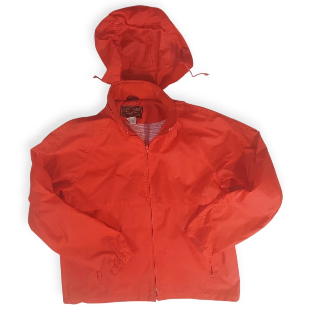 VTG Eddie Bauer Jacket Mens Red Rain Coat Windbreaker Vented Hideaway Hood Sz L